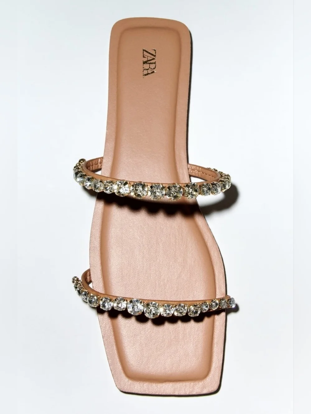 NEW Zara Tan Flat Slide Sandals With Rhinestones - Picture 1 of 8